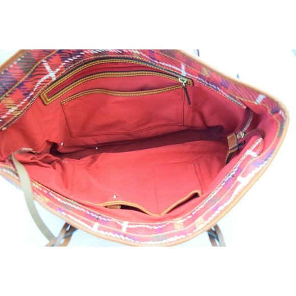 Dooney & Bourke Red Tartan Plaid Braided Handle Shopper Tote - Picture 6 of 8